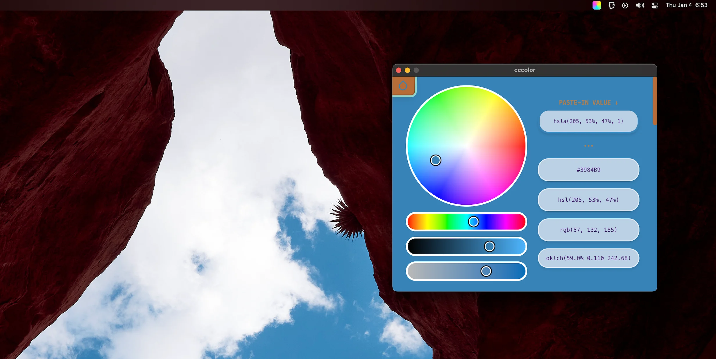Screenshot of the desktop app showing color wheel